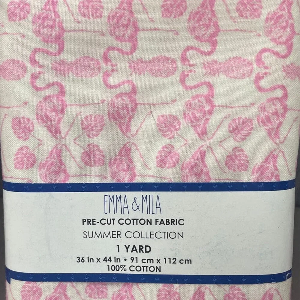 1 yd New Emma & Mila Pink Flamingo Pineapple Birds Cotton Quilting Fabric